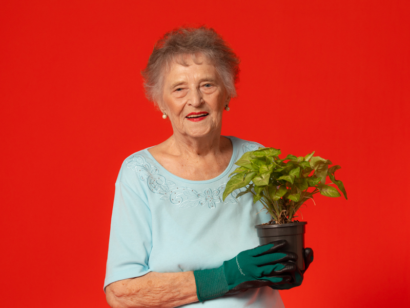 senior woman holding a pot plant