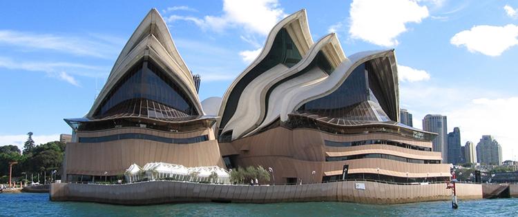Sydney Opera House. The image is distorted with straight lines appearing bent to simulate AMD.