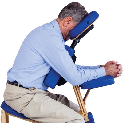 Man in vitrectomy recovery chair showing position for posturing