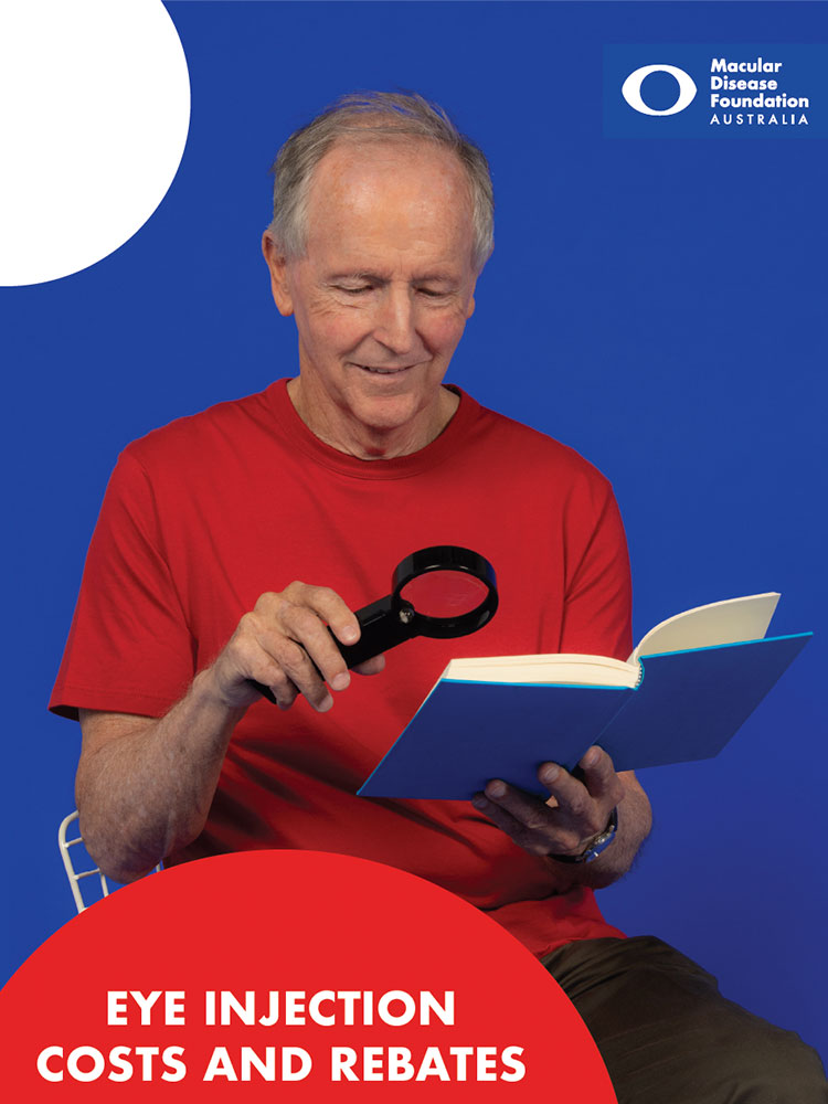 Cover of publication Eye Injection Costs and Rebates, showing man reading a book with a vision aid.