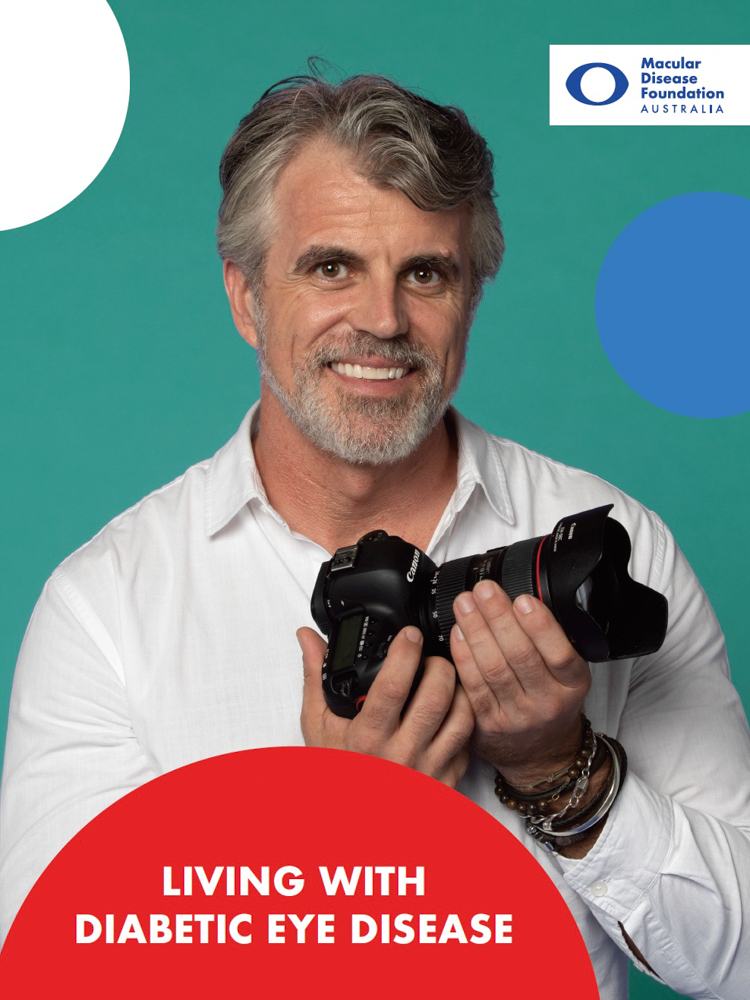 Image of cover of Living with diabetic eye disease fact sheet showing title of publication and picture of man in his 50s.