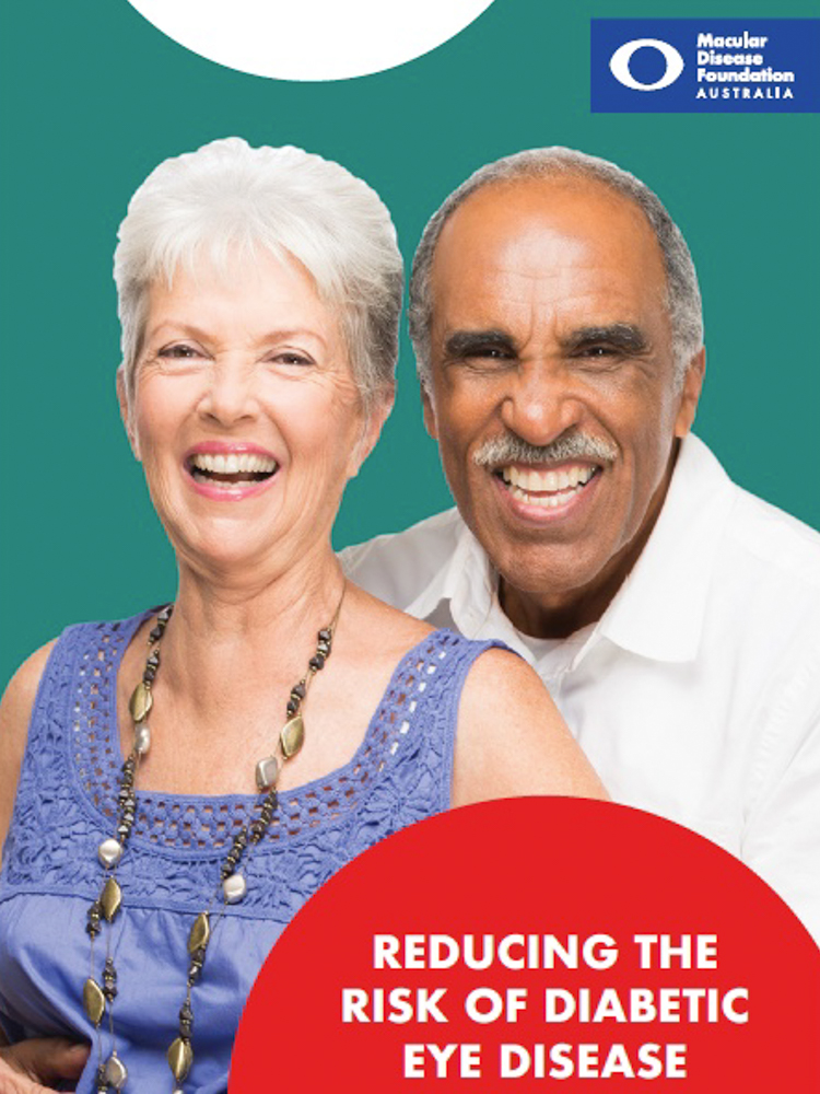 Image of cover of fact sheet called reducing risk of diabetic eye disease. Cover contains the title, MDFA logo and image of senior couple. 