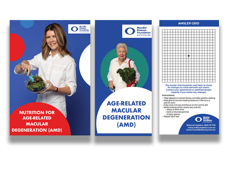 Covers of the contents of the at risk of age-related macular degeneration pack including an AMD flyer, the nutrition fact sheet and an Amsler grid.