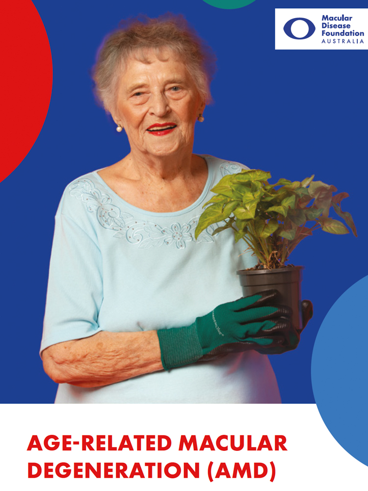 Image of age-related macular degeneration booklet cover showing a senior woman with pot plant