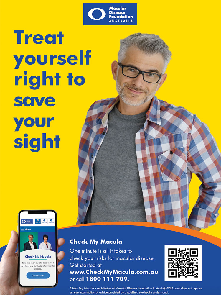 A poster for Check My Macula with a man in glasses smiling at the camera.