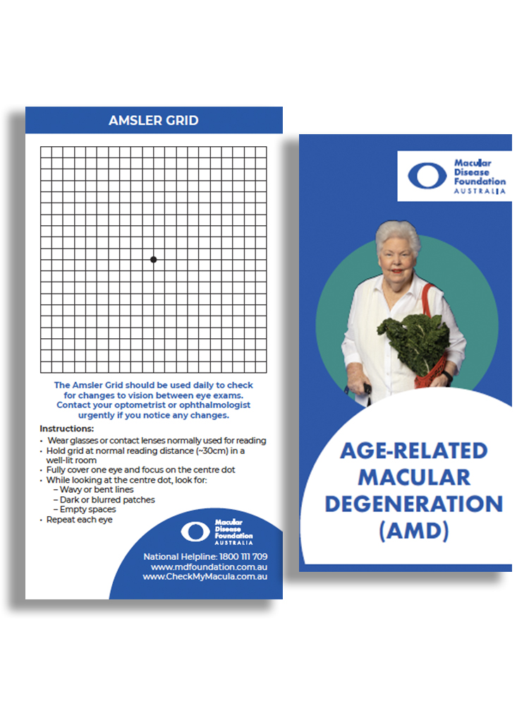 Image of an Amsler grid and AMD flyer
